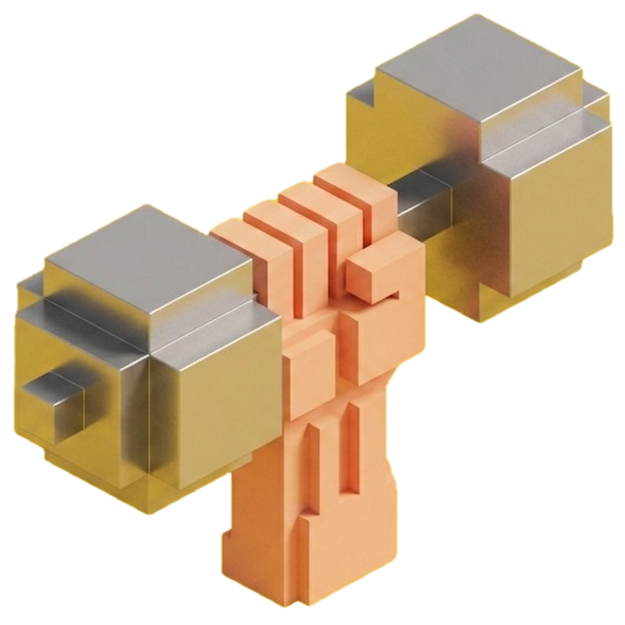 A strong arm holding a dumb bell, in isometric 3D pixel art